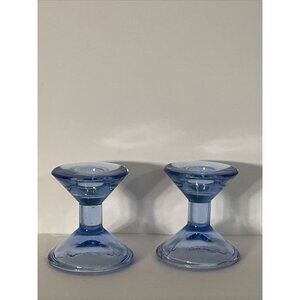 Candle Blue Clear Glass Taper Candle Holder Set Of Two Approximately 3" Tall